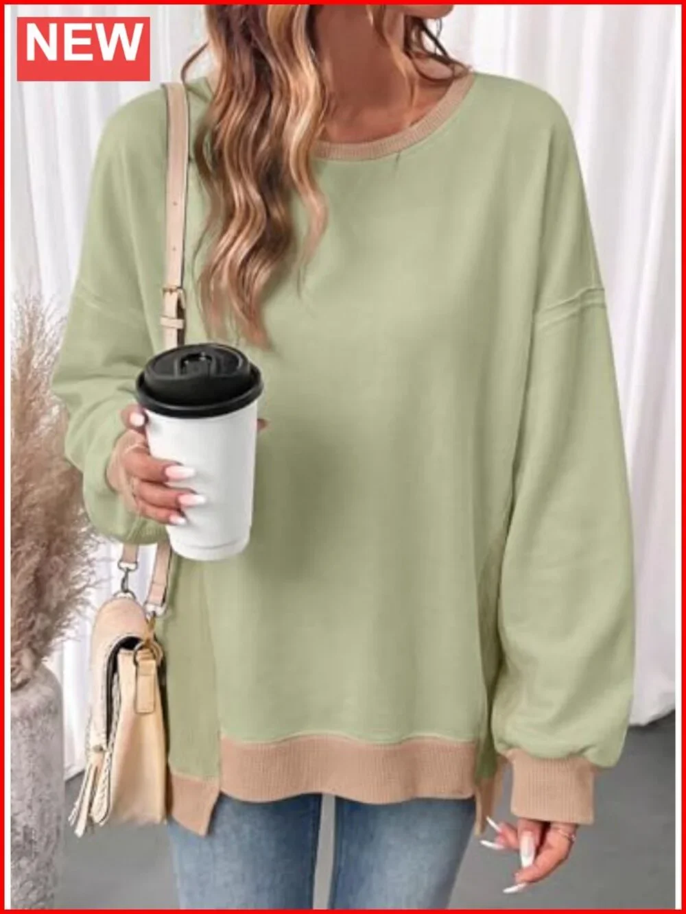 Crew Neck Waffle Knit Color Block Oversized Long Sleeve Sweatshirt
